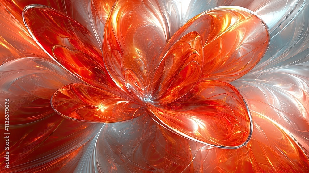 Poster colorful abstract flower design with swirling elements and vibrant red hues in a smooth texture crea
