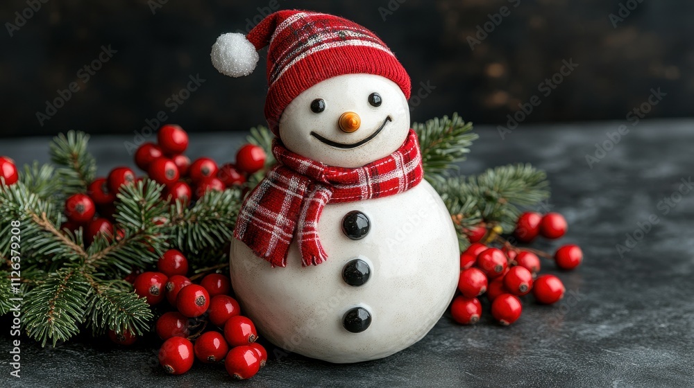 Poster a snowman with a red hat and scarf is sitting on a table with red berries. scene is festive and chee