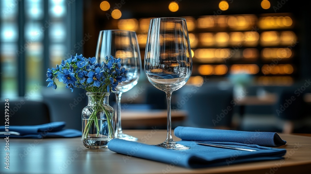 Poster a table with two wine glasses and a vase of flowers. the table setting is elegant and inviting