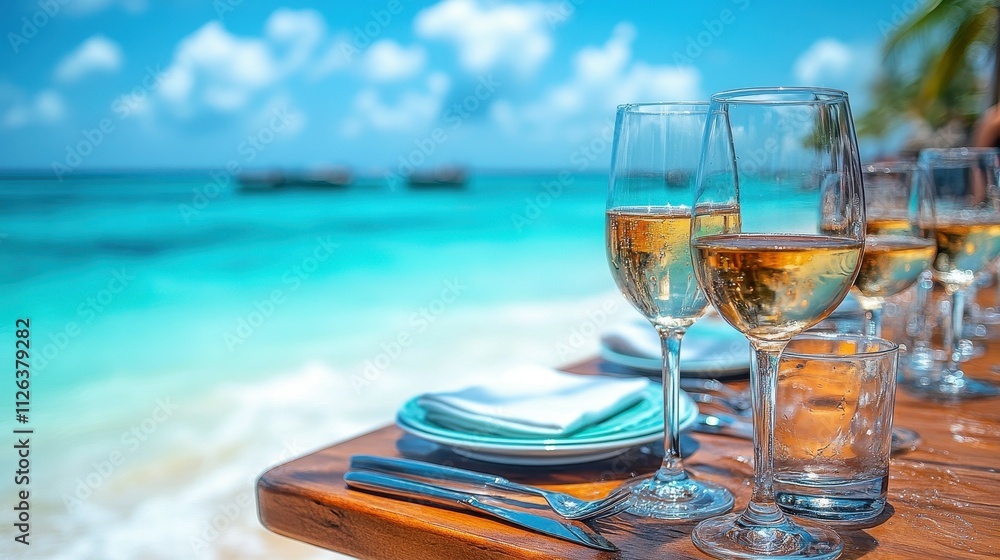 Poster a table with a beautiful view of the ocean and a set of wine glasses and wine bottles. the table is 