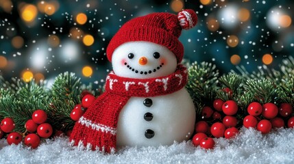 Fototapeta premium A snowman with a red scarf and a red hat is standing in the snow. The snowman is smiling and he is happy. The scene is set in a wintery landscape, with snow covering the ground