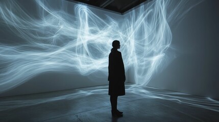 Silhouette observes ethereal light patterns, filling a room.