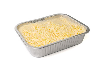 Lasagna portion in aluminium foil tray isolated. Oven baked lasagne for heating, container, airplane food