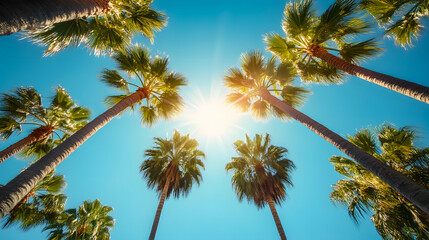 Low-angle shots of palm trees in Los Angeles, capturing sun rays.