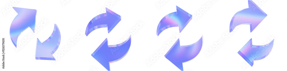 Poster set of 4 3d glass exchange refresh arrow shape with aberration effect isolated on a transparent back