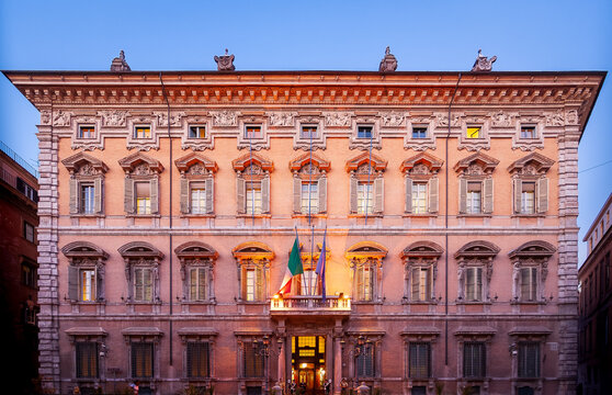 Rome, Italy, July 22 2017, Historic Palazzo Madama in Rome at Dusk with Illuminated Facade