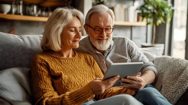 Affectionate senior couple casually using a digital tablet while sitting on a comfy couch at home.