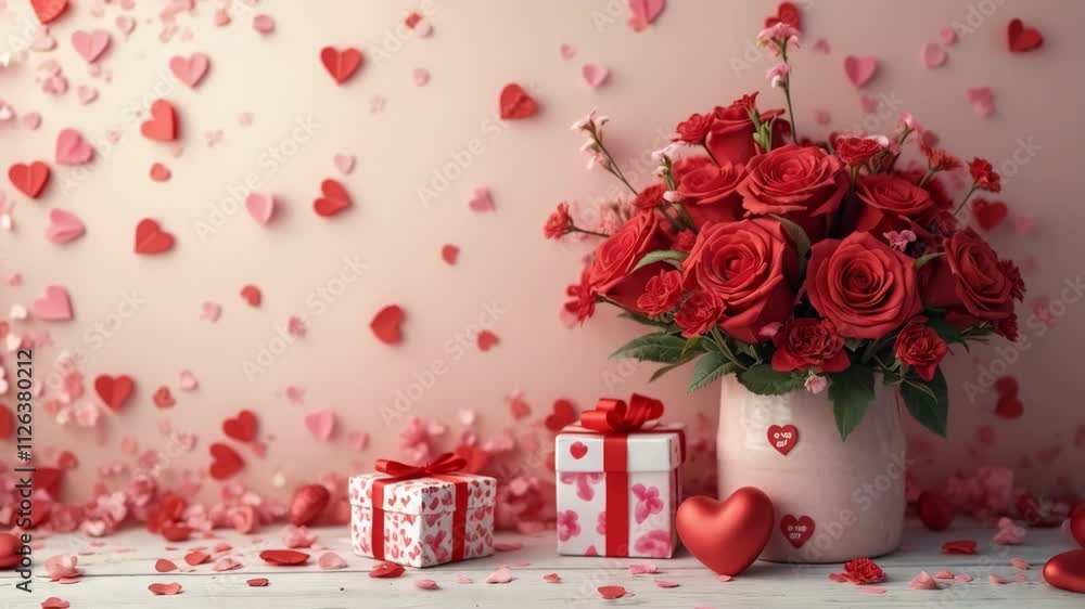 Poster a vase of red roses sits on a table next to a white box with a red ribbon. the table is covered in p