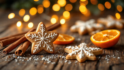 Fototapeta premium Cozy holiday scene with decorated cookies, cinnamon sticks, and dried oranges.