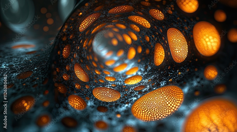 Poster explore the intricate details of a glowing pattern within a dark tunnel-like structure filled with l