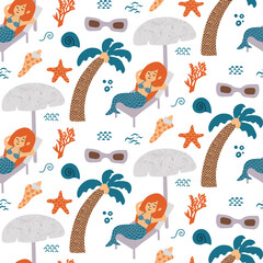 Seamless pattern with a mermaid relaxing under an umbrella, coral, palm tree, and seashell elements