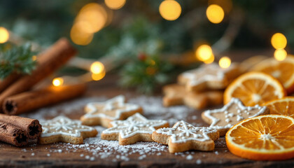 Cozy holiday scene with decorated cookies, cinnamon sticks, and dried oranges.

