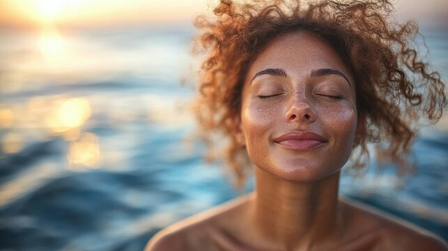 A woman with curly hair is smiling and looking at the camera. She is wearing no makeup and is standing in the ocean - Powered by Adobe