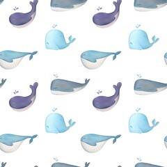 Naklejka premium children's cute animals seamless pattern. Watercolor sea animals, whales on white background. childish print for wear design, baby shower, kids cards, linens, wallpaper, textile