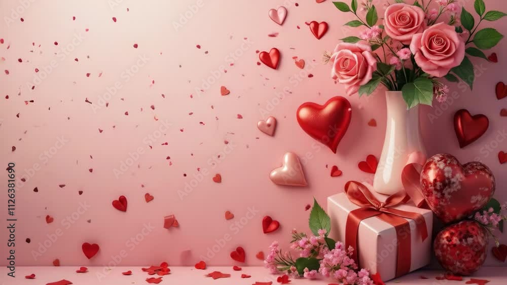Poster a pink background with hearts and a vase of roses. a red box with a ribbon on it is placed in the mi