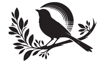 Black crow silhouette perched on a bare winter branch, vector illustration