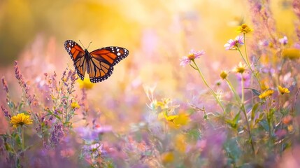 Colorful Butterfly in Garden, Bright Flowers and Spring Blossoms, Sunny Nature Scene