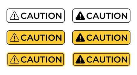 Caution text, hazard warning sign icon in flat design. Alert, attention concept