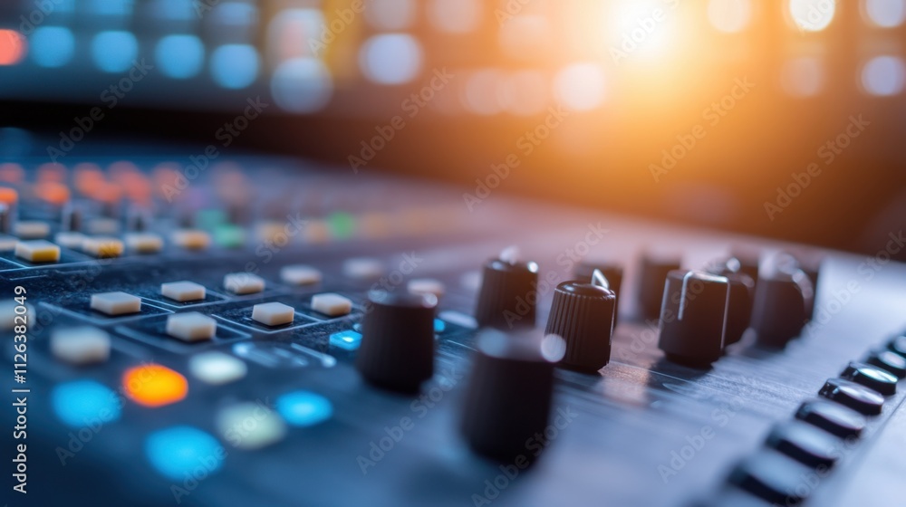 Aufkleber a close-up view of a music mixing console with colorful buttons and knobs, showcasing a vibrant audi