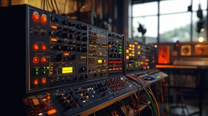 Naklejka premium Vintage electronic music equipment, illuminated controls.