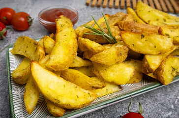 Roasted potatoes with rosemary decor with ketchup and cherry tomatoes in background