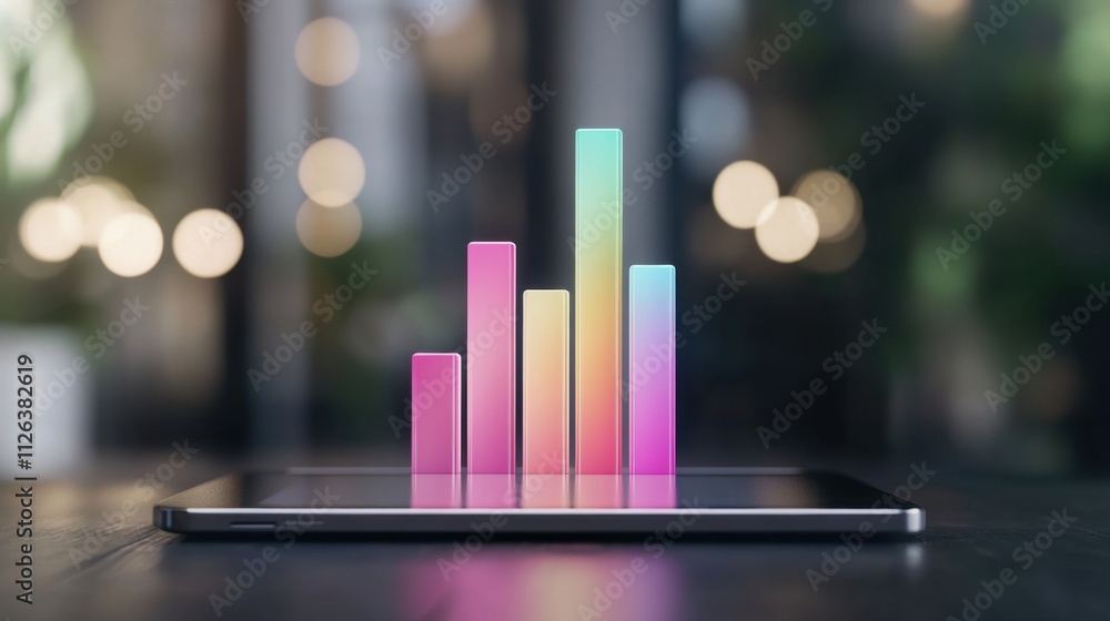 Poster a vibrant, colorful bar graph appears on a tablet, symbolizing data analysis and digital technology 