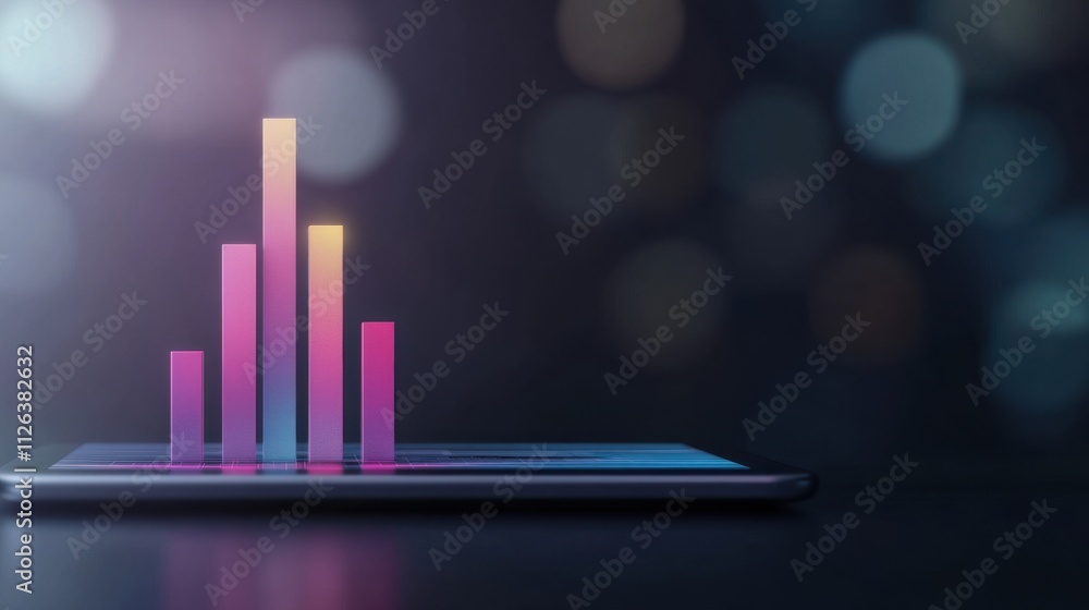 Poster a smartphone displays colorful bar graphs, representing data analytics against a blurred, illuminate