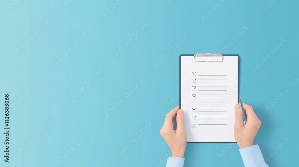 Poster a person holds a clipboard with a checklist against a light blue background, emphasizing organizatio