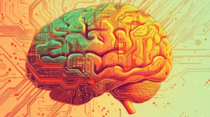 Colorful Brain Art Technology Pattern, Digital Circuit Design, Neural Network Pattern, Vibrant Tech Brain