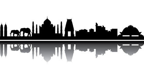 Naklejka premium Silhouette of Iconic Indian Landmarks and Wildlife Against White Background