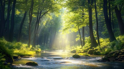 Fototapeta premium Forest river flowing through dense trees, bright sunlight creating sparkles on the water 