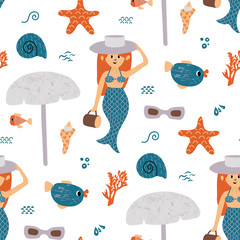 Seamless Mermaid Pattern With Coral, Starfish, And Beach Accessories