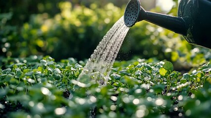 video of water pouring from a garden watering can onto green seedlings, plants, vegetable garden, gardening, spring nature