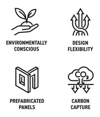 Engineered wood icons - Environmentally, Flexibility, Prefabricated, Carbon capture