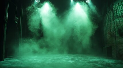 Fototapeta premium Green Smoke Background, Foggy Stage Scene, Theatrical Lighting Effect, Green Mist, Eerie Ambience, Backdrop for Performances, Dramatic