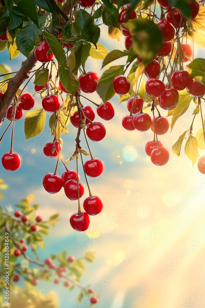 Wall mural tree branch with cherry. Selective focus.