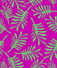 Abstract background or pattern with tropical green leaves and flowers on a colored background. Vector.