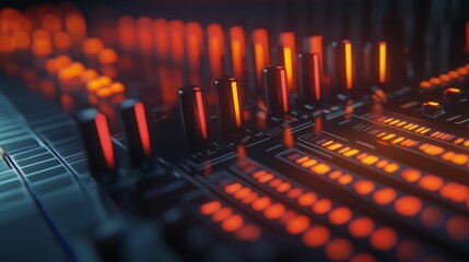 Fototapeta premium Illuminated control panel; glowing faders and buttons.