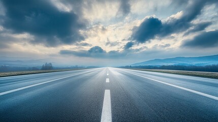 Fototapeta premium Open road landscape, dramatic sky with clouds, mountains in distance, scenic view, empty road, travel inspiration