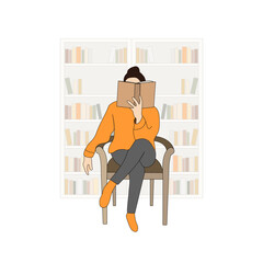 A young woman immersed in reading a book. A book-loving girl relaxes on a chair, enjoying her leisure time, with shelves filled with books in the background. Vector illustration