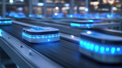 Automated warehouse robots on conveyor.