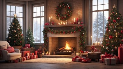 Fototapeta premium Decorated Fireplace Brings Christmas Spirit Home