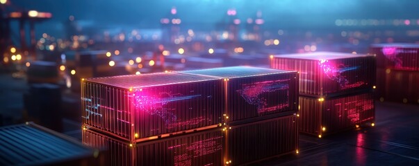 Glowing shipping containers stacked at a port, illuminated by vibrant lights, create a striking urban landscape.