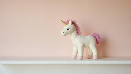 Cute unicorn plush toy displayed on white shelf against soft pink background