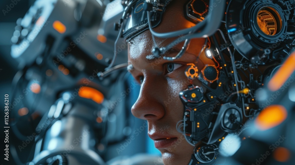 Poster technician wearing futuristic headgear with integrated sensors and processors controls a robotic arm