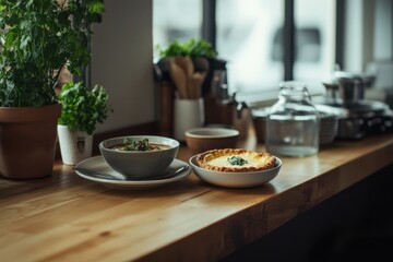 delicious homemade soup and pie on a wooden kitchen table