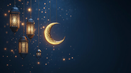 Islamic decoration background with lantern and crescent moon luxury style, ramadan kareem, mawlid, iftar, isra miraj, eid al fitr adha, muharram, copy space text area, 3D illustration.