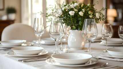 Fototapeta premium A beautifully arranged table highlights white porcelain dishware and crystal glassware, accented by a bouquet of fresh flowers, perfect for a warm family gathering