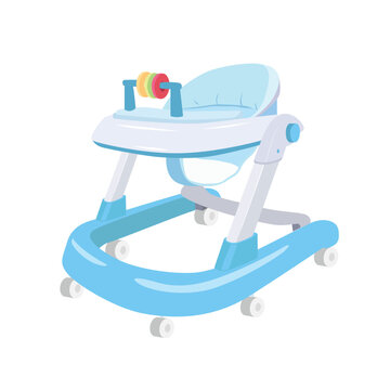 Blue baby walker clipart. Item for toddler to learn walking. Baby product, baby element, baby shower concept. Flat vector in cartoon style isolated on white background.