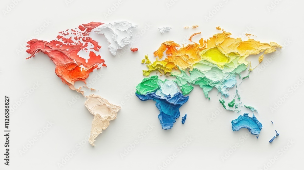 Poster a dynamic 3d map with vibrant colors representing interconnected continents in a global creative eco